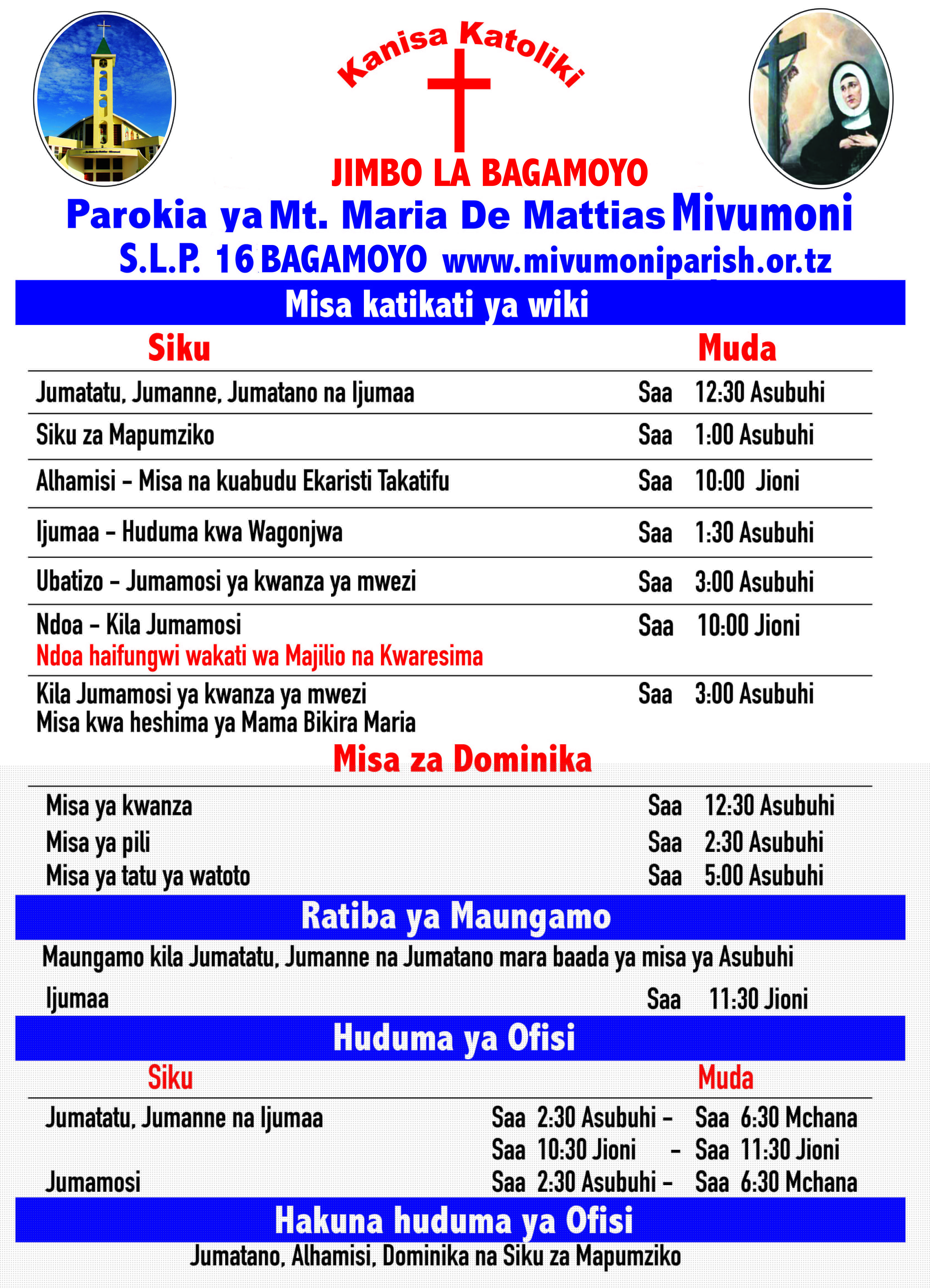 Ratiba Mbalimbali za Ibada Parokia ya Mt. Maria De Mattias - Mivumoni